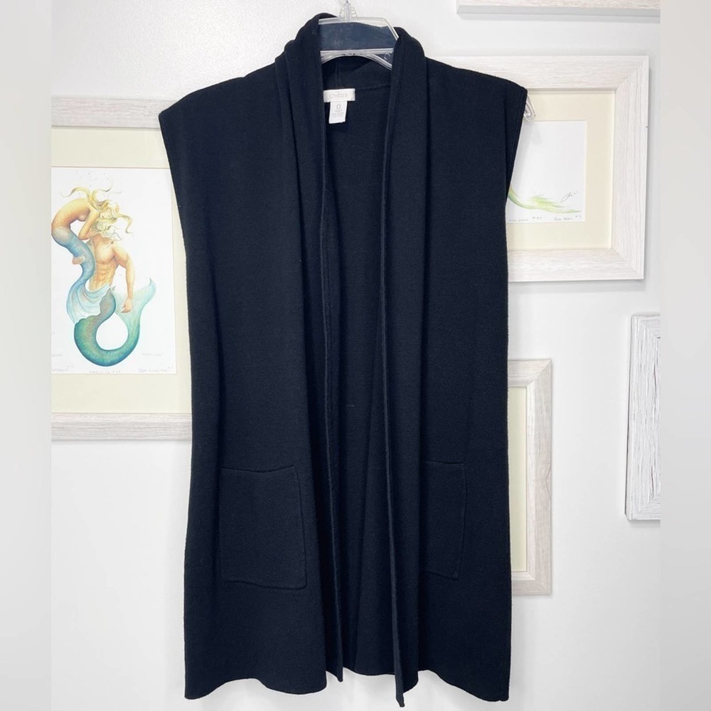 CHICO’S Black Open Front Patch Pocket Sleeveless Sweater Size Small